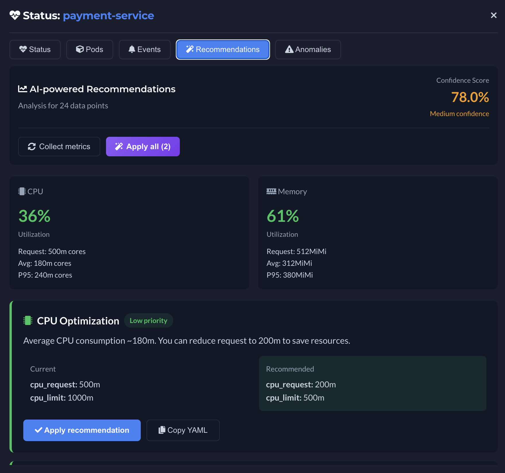 AI recommendations for CPU and Memory, resource optimization