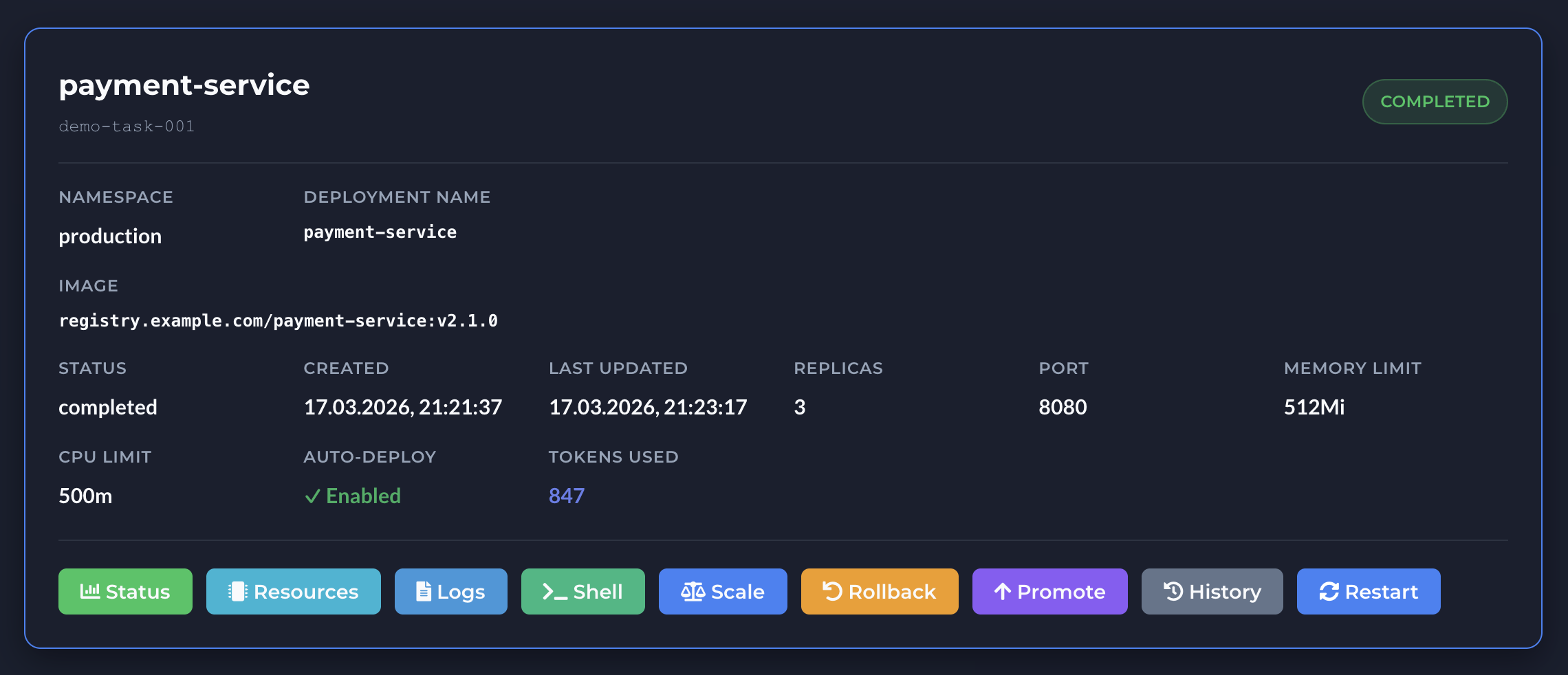 Service - status, logs, resources