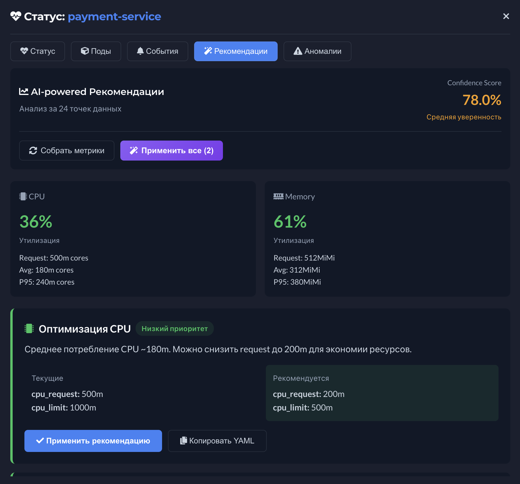 AI-рекомендации по CPU и Memory, оптимизация ресурсов